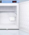 Compact Medical Freezer With Digital Thermostat And Secure Front Lock Nist Calibrated Thermometer White open interior with digital display