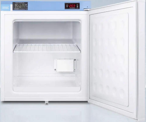 Compact Medical Freezer With Digital Thermostat And Secure Front Lock Nist Calibrated Thermometer White open interior with digital display