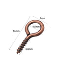 Heavy Duty Red Copper Plated Screw Eye Pin Hooks, 7x14mm size, ideal for DIY projects and crafting, showing detailed measurements.
