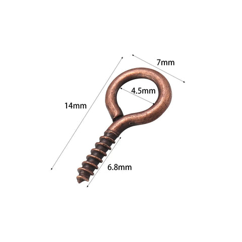 Heavy Duty Red Copper Plated Screw Eye Pin Hooks, 7x14mm size, ideal for DIY projects and crafting, showing detailed measurements.