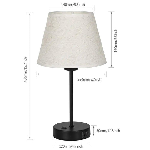 Industrial Metal Table Lamp with Linen Shade and Dual USB Ports, 15.7 inches tall, front view