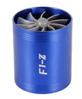Front view of F1Z Turbocharger And Dual Air Intake Fuel Saver Kit, blue aluminum, for Turbocharged Vehicles, single fan visible.