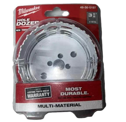 Front view of Milwaukee 3-5/8 in ice-hardened bi-metal hole saw, multi-material, in packaging.