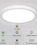 White 20-inch round dimmable LED ceiling light, 24W, 6000K with energy-saving features and UL listed certification icons.
