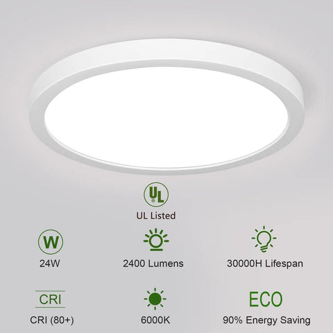 White 20-inch round dimmable LED ceiling light, 24W, 6000K with energy-saving features and UL listed certification icons.
