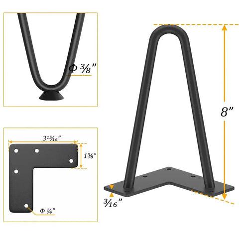 16 Inch Hairpin Table Legs Set 3/8 Inch Solid Steel Black With Rubber Floor Protectors Mid Century Modern DIY Furniture Legs