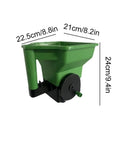 Grab And Go Handheld Grass Seed And Fertilizer Spreader in green, showing dimensions for portable manual lawn garden seeding.