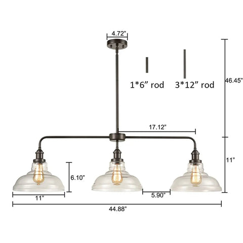Industrial Glass Island Pendant Light In Oil Rubbed Bronze, Large Modern Hanging Fixture For Kitchen Island with dimensions