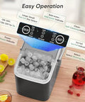 DUMOS countertop ice maker with handle in bright black, front view showing ice bin and control panel.
