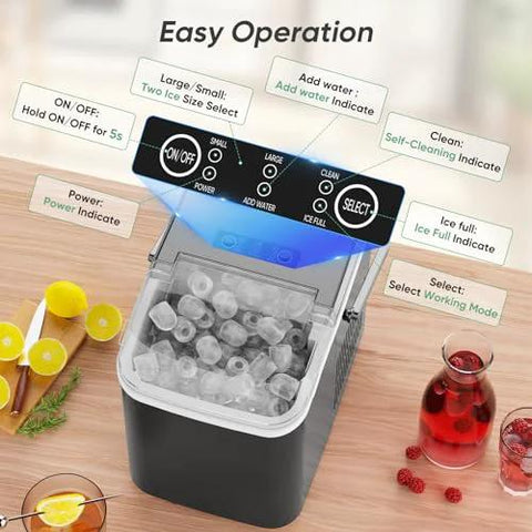 DUMOS countertop ice maker with handle in bright black, front view showing ice bin and control panel.
