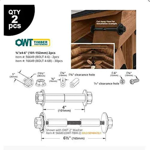2 Pack Top Shelf Timber Bolts 3/4 X 4 To 6 Inch Heavy Duty Structural Wood Hardware For Deck Pergola And Beam Connections Powder Coated Steel Fasteners diagram with size details and installation view.