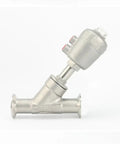 Tri Clamp Y Shaped 304 Stainless Steel Pneumatic Actuated Angle Valve For Steam Gas Oil Water, From DN15 To DN50 Size Range, BSPT Connection, Dual Stainless Steel Body For Industrial Piping, side view