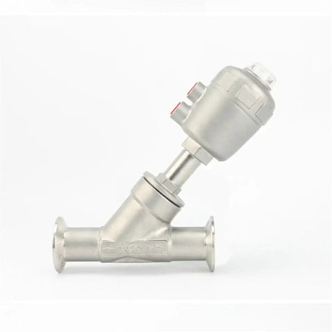 Tri Clamp Y Shaped 304 Stainless Steel Pneumatic Actuated Angle Valve For Steam Gas Oil Water, From DN15 To DN50 Size Range, BSPT Connection, Dual Stainless Steel Body For Industrial Piping, side view
