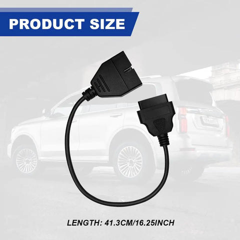 Plug And Play OBD1 To OBD2 Adapter Cable For Scan And Diagnostics OBD1 Scanner To OBD2 Converter Universal 12 Pin To 16 Pin Socket Code Reader Diagnostic Tool Durable Metal And Plastic Build For GM Vehicles shown with car background and dimensions 41.3CM/16.25INCH