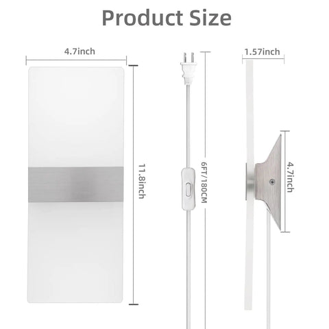Dimensions of Two Pack Modern LED Wall Sconces Plug In Lights 10W 6000K Cool White Acrylic Wall Lamps With 6 Foot Cord And On Off Switch