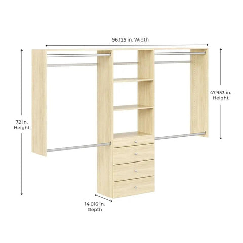 Wall Mounted Closet Organizer With Deep Shelves And Drawers Heavy Duty Laminated Wood Wardrobe System For Sweaters And Coats, 96.125" wide.
