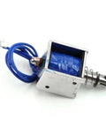 12V 2A Open Frame Solenoid Reset Electromagnet With 10mm Push Pull Stroke For Vending And Textile Machines DC Magnetic Actuator Open Coil Design Built In Mounting Board Heavy Duty DIY Friendly Plug And Play Ready blue coil and metal body