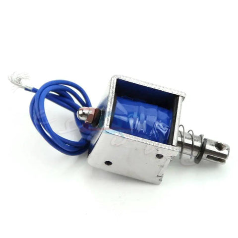 12V 2A Open Frame Solenoid Reset Electromagnet With 10mm Push Pull Stroke For Vending And Textile Machines DC Magnetic Actuator Open Coil Design Built In Mounting Board Heavy Duty DIY Friendly Plug And Play Ready blue coil and metal body