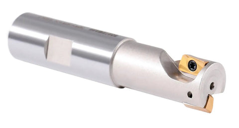 Three Quarter Inch One Flute Weldon Shank Helical Indexable End Mill APKT11T3 Inserts For Slotting And Finishing, Overall Length Three Point Five Inches, Flute Length One And Three Thirty Seconds Inches, Four Inserts, Heavy Duty Ninety Degree Cutter