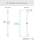 Versa Metal Shower Slide Bar with Adjustable Angle and Height for Hand Showers, durable brushed nickel, front and side view diagram
