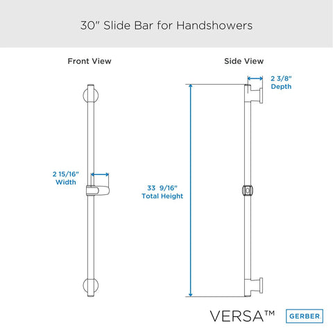 Versa Metal Shower Slide Bar with Adjustable Angle and Height for Hand Showers, durable brushed nickel, front and side view diagram