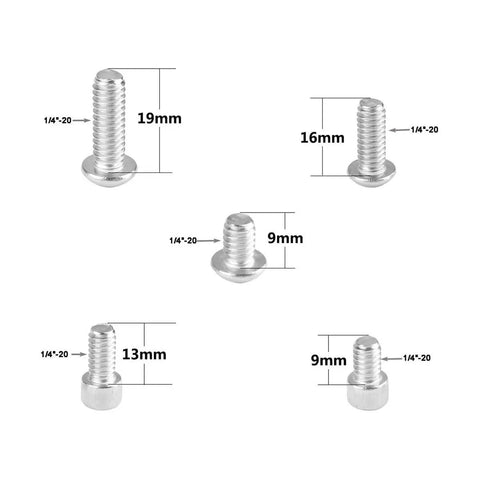 Heavy Hitter 1/4X20 Threaded Stainless Steel Screws Assortment with 9mm, 13mm, 16mm, 19mm lengths for camera rig use.