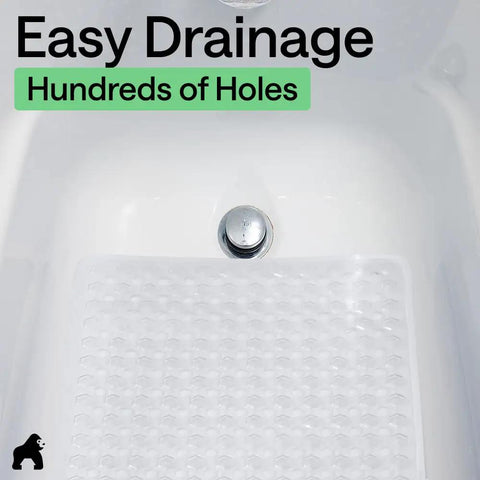 Premium Non Slip Bath Mat With Power Traction Suction Cups That Stay Locked For Stable Bathtub Floor Liner Featuring Rapid Moisture Escape Panels And No Fuss Cleanup Style In Crisp White Dimension Thirty Five By Sixteen showing easy drainage holes.