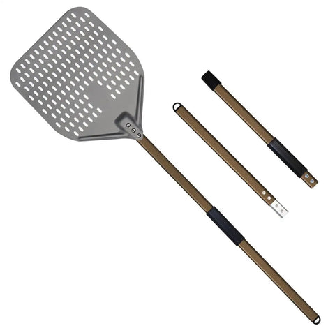 Long Handled Aluminum Pizza Peel With Nonstick Perforated Surface, 12 Or 14 Inch, shown with foldable handle parts