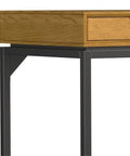 Detail of oak veneer desk with graphite gray metal frame, part of Oak Veneer Desk And 66 Inch Bookcase Set with drawers.