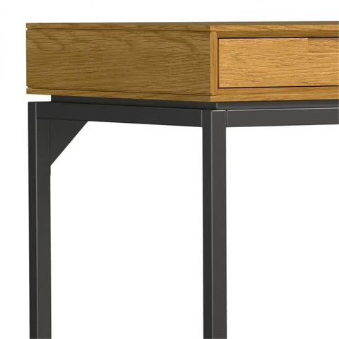 Detail of oak veneer desk with graphite gray metal frame, part of Oak Veneer Desk And 66 Inch Bookcase Set with drawers.