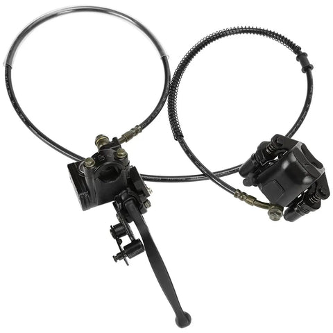 Left Hydraulic Brake Master Cylinder Caliper Assembly For 50cc To 125cc ATVs And Mini Bikes Fits Tao Tao Coolster Roketa SunL Peace Vitacci Baja Icebear NST Jetmoto Kazuma Lifan And Other Chinese Quads A Solid Replacement Part For Doodlebug Style Rides shown with lever, hose and caliper.