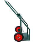 Side view of Heavy Duty Dual Cylinder Hand Truck Cart With 440 Pound Load Capacity for Welding Equipment, green finish, 10-inch wheels.