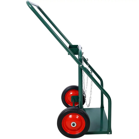 Side view of Heavy Duty Dual Cylinder Hand Truck Cart With 440 Pound Load Capacity for Welding Equipment, green finish, 10-inch wheels.