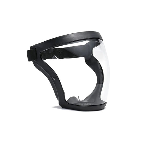 Side view of Anti Fog Clear Face Shield For Adults Glasses Friendly Plastic Shield With Full Face Protection Durable Clear Shield That Stays Fog Free Easy To Clean Black Frame