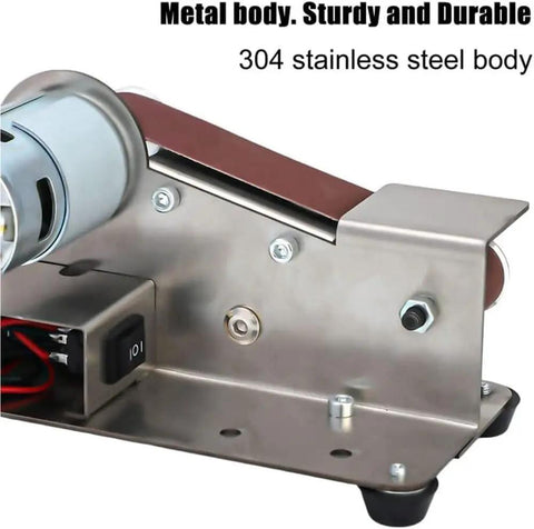 Stainless Steel Electric Belt Sander Grinder Machine With Adjustable Work Table Shockproof Feet For Abrasive Polishing Knife Making DIY Projects Versatile Desktop Polishing Tool close-up of metal body and motor.