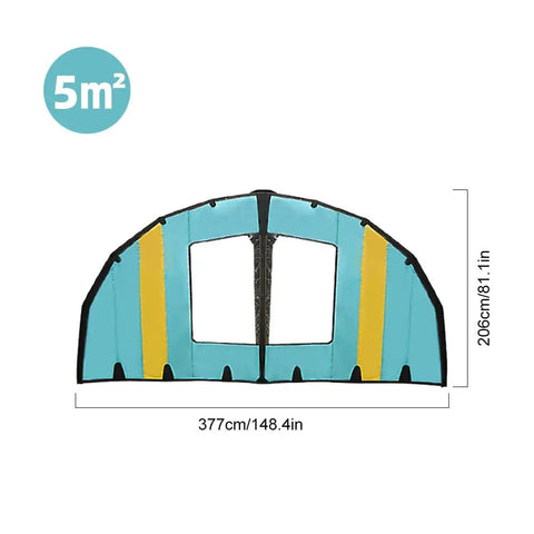Inflatable Wing Surfboard With 5 Meter Handheld Wing Foil Kite Window For Windsurfing Kiteboarding And Board Sports A Go To Water Sports Accessory For Easy Starts And Smooth Rides, 5m2 blue and yellow design, showing dimensions.
