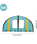 Lightweight Inflatable Windsurfing Wing 5 Sqm With Clear Window For Windsurfing Kiteboarding Surfing And Stand Up Paddleboarding Ergonomic Handheld Foil Kite For Easy Rides And All Water Sports shown in blue with yellow accents, 5 sqm size, measurements included.