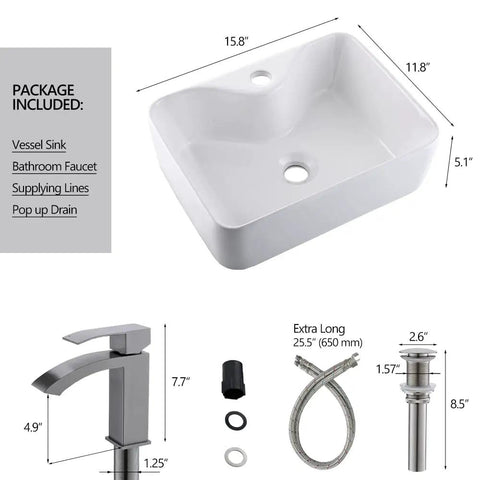 White Rectangle Ceramic Bathroom Vessel Sink And Brushed Nickel Waterfall Faucet Combo, 16x12 Inch Art Basin dimensions