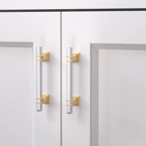 12 Pack Two Tone Cabinet Pulls With 3 Inch Hole Centers Brushed Nickel And Gold Zinc Alloy Square Tube Handles on cabinets