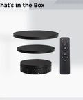 Kick Start Your Sales With This Premium Electric Turntable Motorized Display Stand Featuring Smooth 360 Rotation, Remote Control, Three Speed Settings And Loads Of Weight Capacity Perfect For Jewelry, Collectibles And Live Streaming Shoppers. Box contents include three black circular display platforms and remote control.