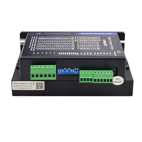 StepperOnline DM860T stepper motor driver, black box with blue DIP switch and green terminals for NEMA 34/42 motors
