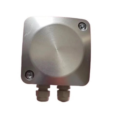 Electric proportional valve in square silver housing with circular central boss and two bottom ports (front view).
