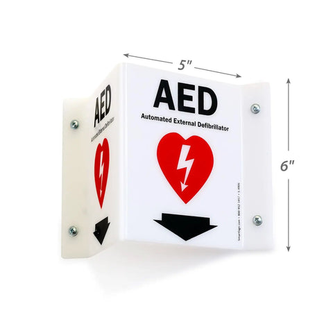 Two Sided Acrylic Aed Sign Built Hard As Nails To Help You Locate Life Saving Gear Fast With Heavy Duty Polished Wall Mount Display Featuring Bold Down Arrow Symbol Indoors Outdoors, 5x6 inch.