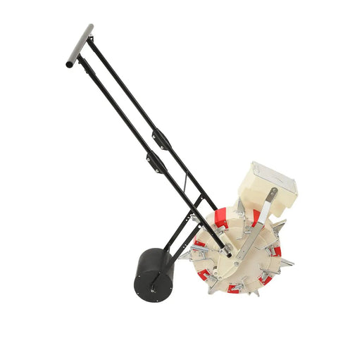 Manual Hand Push Seed Seeder With 7 Nozzles Adjustable Depth And Spacing Precision Planter For Corn Soybean Peanut Cotton Mung Bean Large Capacity Roller Seeder For Garden Farm side view