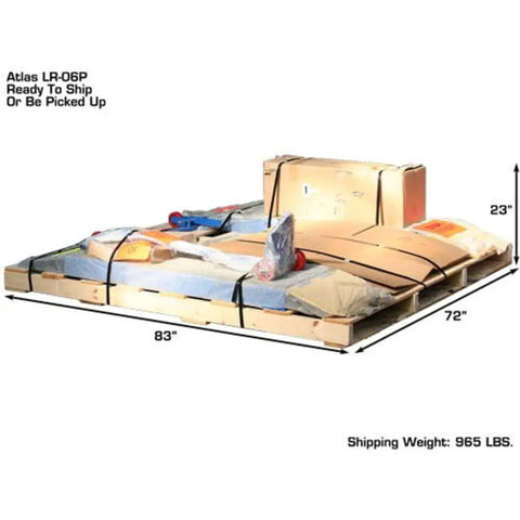 Atlas LR-06P shipping pallet containing various items, dimensions 83" x 72" x 23", weighing 965 lbs, ready for transport.