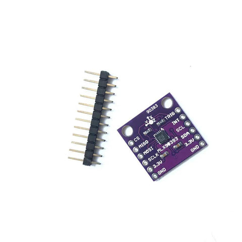 MLX90393 3D Hall Effect Sensor with I2C/SPI interfaces, purple circuit board, components for digital displacement and rotation data