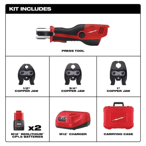 M12 Press Tool Crimpers Kit With Two Batteries, 30 Minute Charger, 1/2 Inch, 3/4 Inch, And 1 Inch Jaws, red case layout