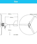 Technical diagram of Kickin 2000W Wind Turbine Kit With 48V Off Grid System, 3 nylon blades 105cm, dimensions labeled