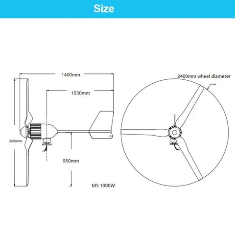 Technical diagram of Kickin 2000W Wind Turbine Kit With 48V Off Grid System, 3 nylon blades 105cm, dimensions labeled