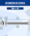 Top Shelf 10 Pack M6 X 45mm Full Thread Flat Head Binding Screws with dimensions displayed, measure 45mm long, stainless steel.